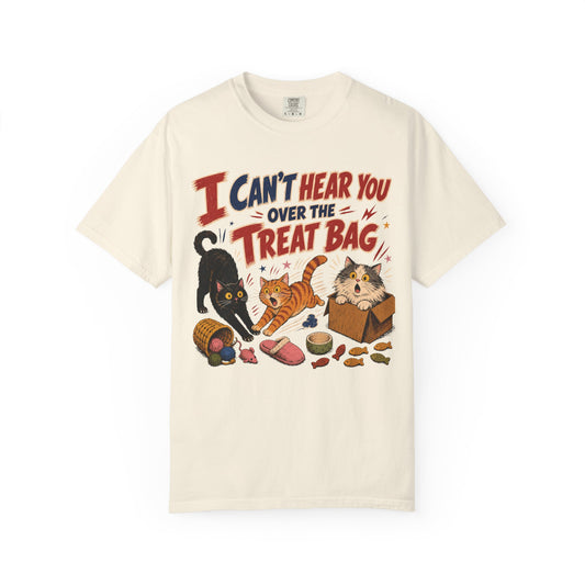 Halloween Cat Treats T-Shirt — "I Can't Hear You Over the Treat Bag" Cute Cat Halloween Tee