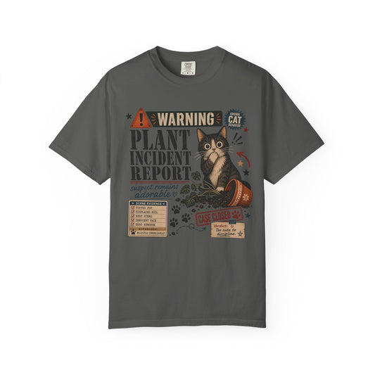 Plant Incident Report Cat T-Shirt – Cute ‘Case Closed’ Gardening Cat Graphic Tee