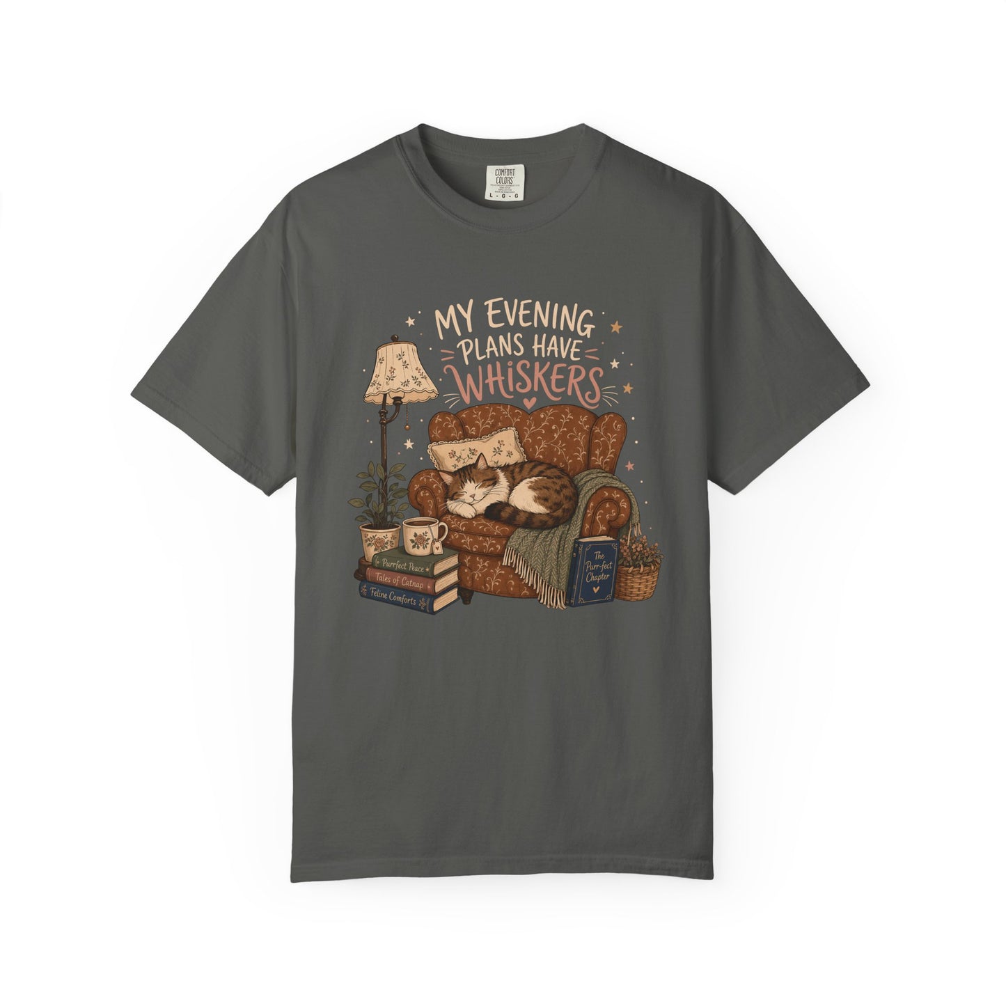 Cozy Cat Reading Tee - "My Evening Is Saved By Whiskers" Garment-Dyed T-Shirt