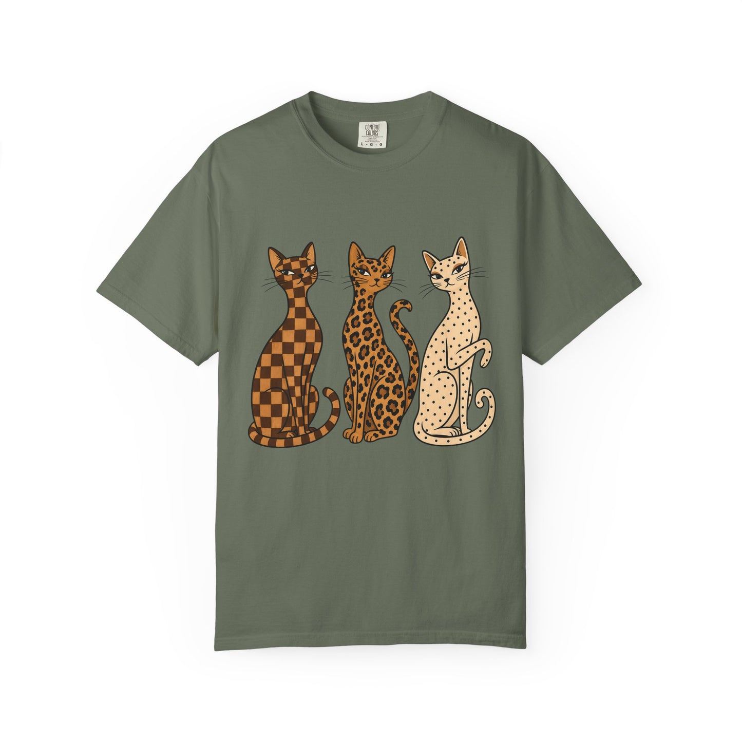Vintage Cat Trio T-Shirt — Patterned Leopard, Check & Spotted Feline Graphic Tee