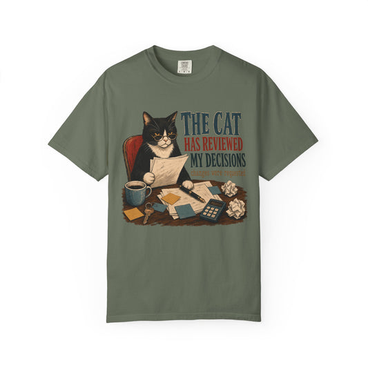 Cat Reviewer T-Shirt — "The Cat Has Reviewed My Decisions" Vintage Cat Office Tee