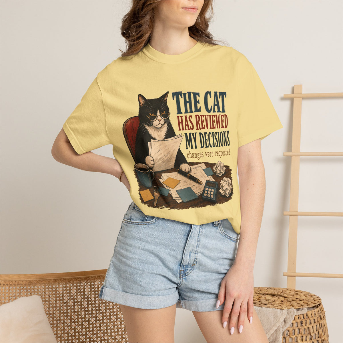 Cat Reviewer T-Shirt — "The Cat Has Reviewed My Decisions" Vintage Cat Office Tee
