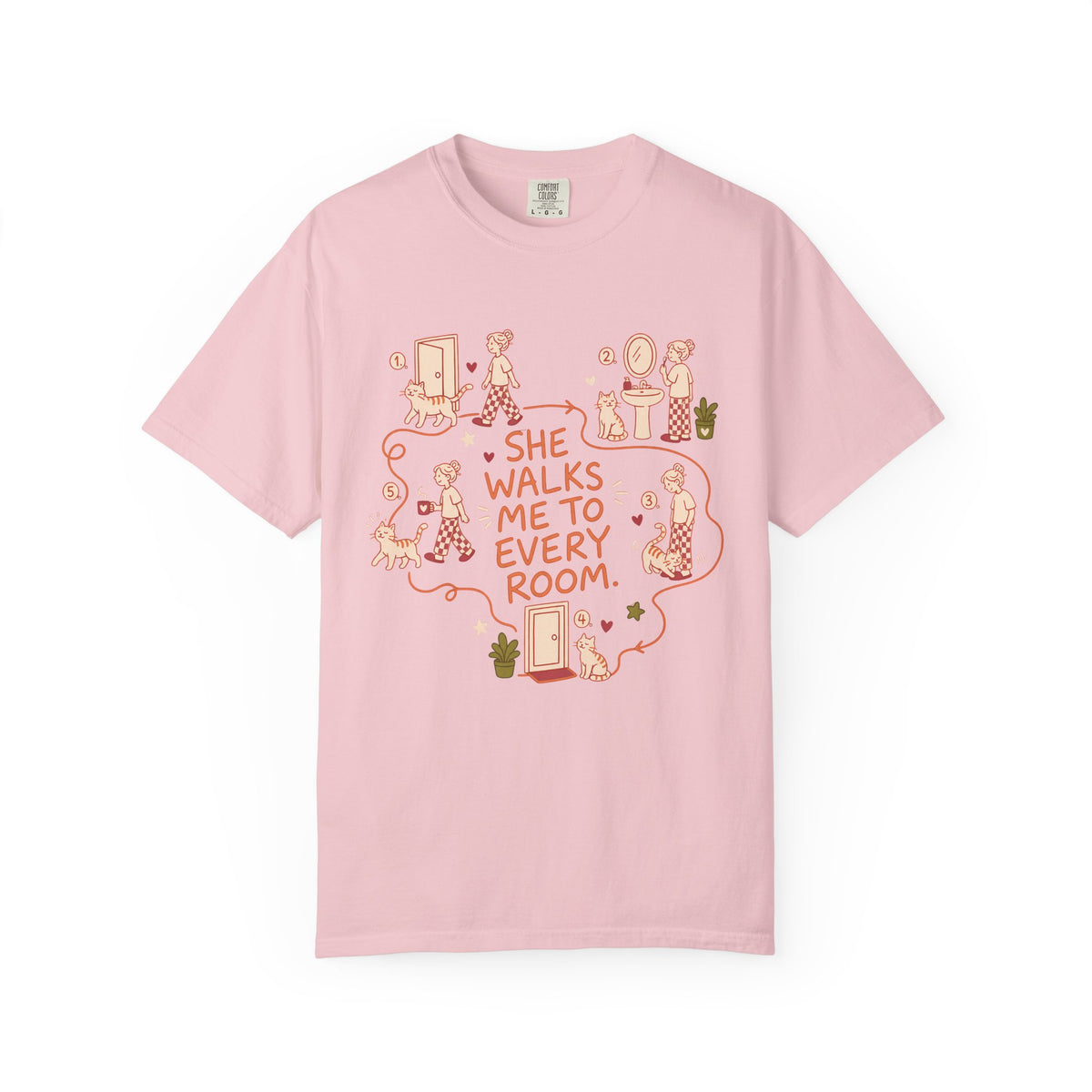 T-Shirt — "She Walks Me to Every Room" Vintage Cat Lover Tee