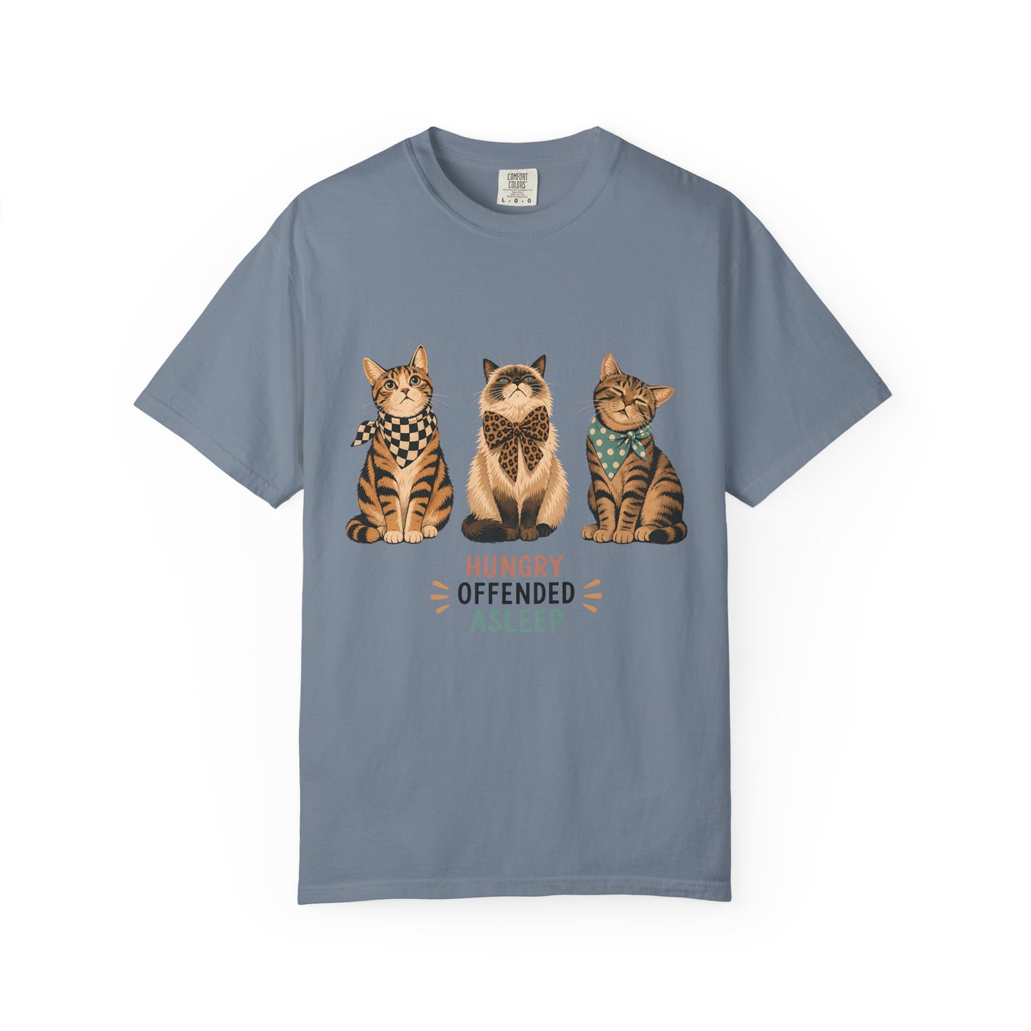 Cat Trio T-Shirt — 'Hungry Offended Asleep' Cute Retro Cat Graphic Tee