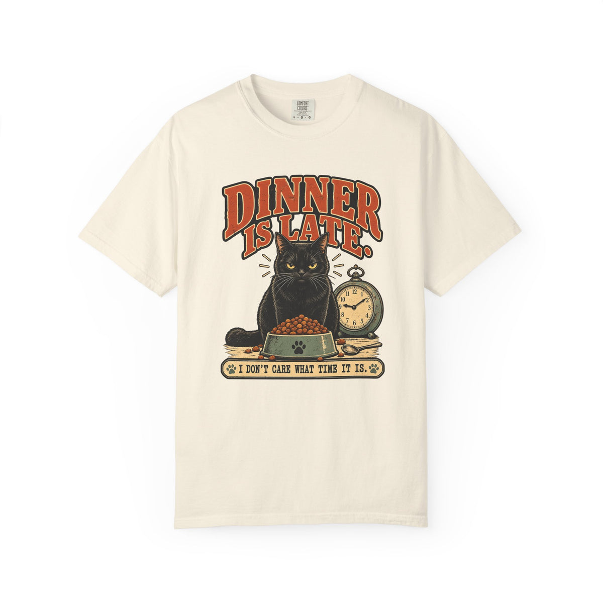 Dinner Is Late Cat T-Shirt — Vintage Cat & Clock Graphic Tee
