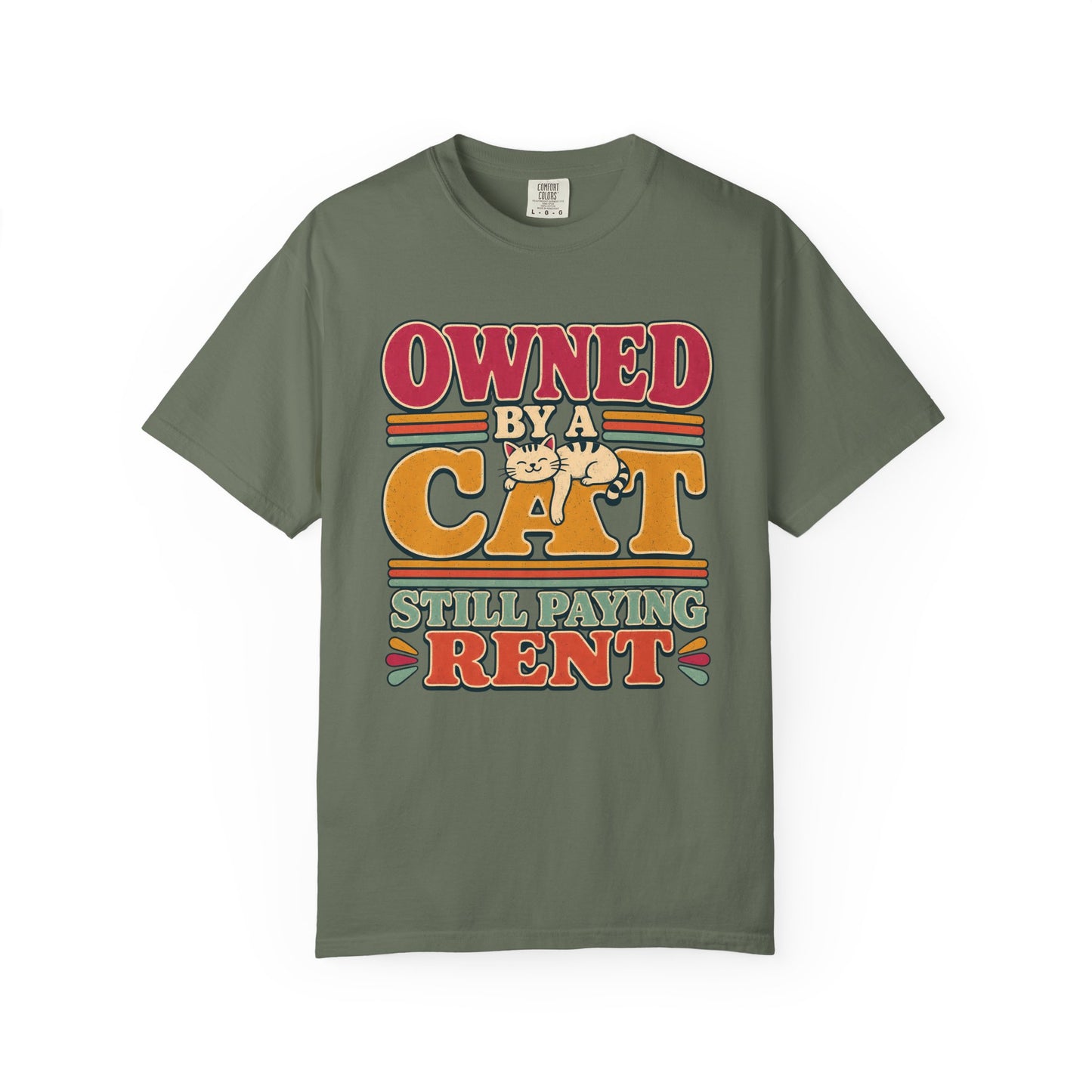 Owned by a Cat T-Shirt — Funny Retro Cat Tee ("Still Paying Rent")