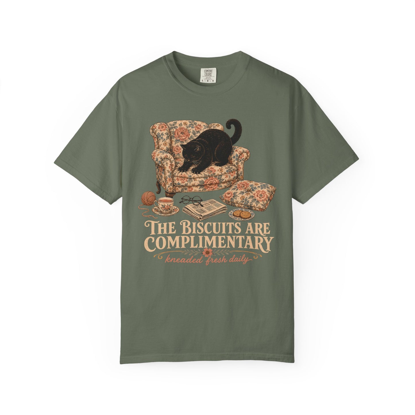 “The Biscuits Are Complimentary” Cat T‑Shirt — Vintage Cozy Graphic Tee