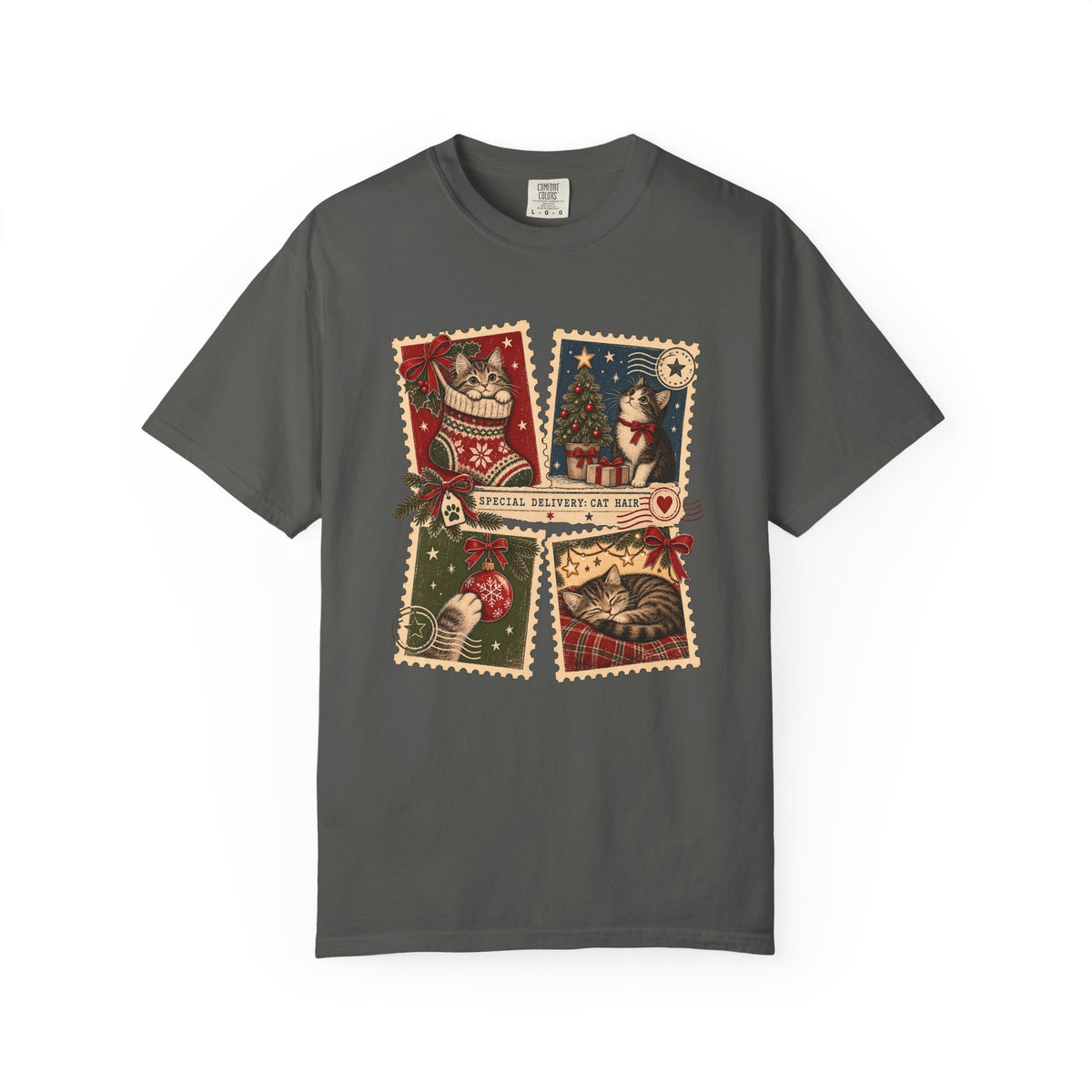 Vintage Holiday Cats T-Shirt — "Special Delivery Cat Hair" Christmas Graphic Tee