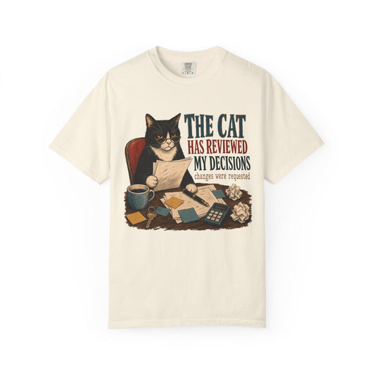 Cat Reviewer T-Shirt — "The Cat Has Reviewed My Decisions" Vintage Cat Office Tee