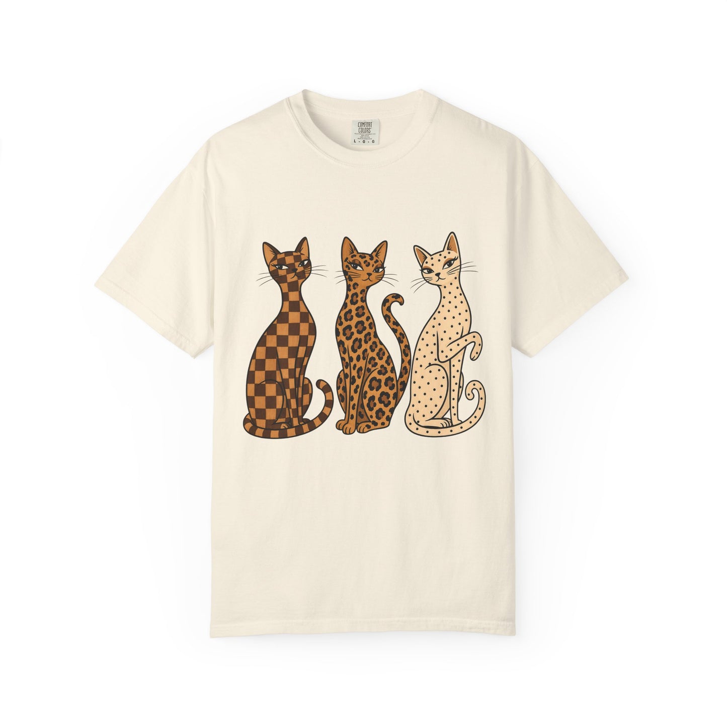 Vintage Cat Trio T-Shirt — Patterned Leopard, Check & Spotted Feline Graphic Tee