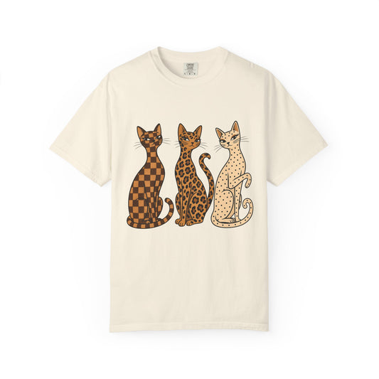 Vintage Cat Trio T-Shirt — Patterned Leopard, Check & Spotted Feline Graphic Tee