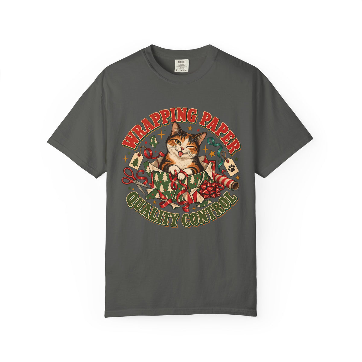 Wrapping Paper Quality Control T-Shirt — Cute Cat Holiday Gift Tee