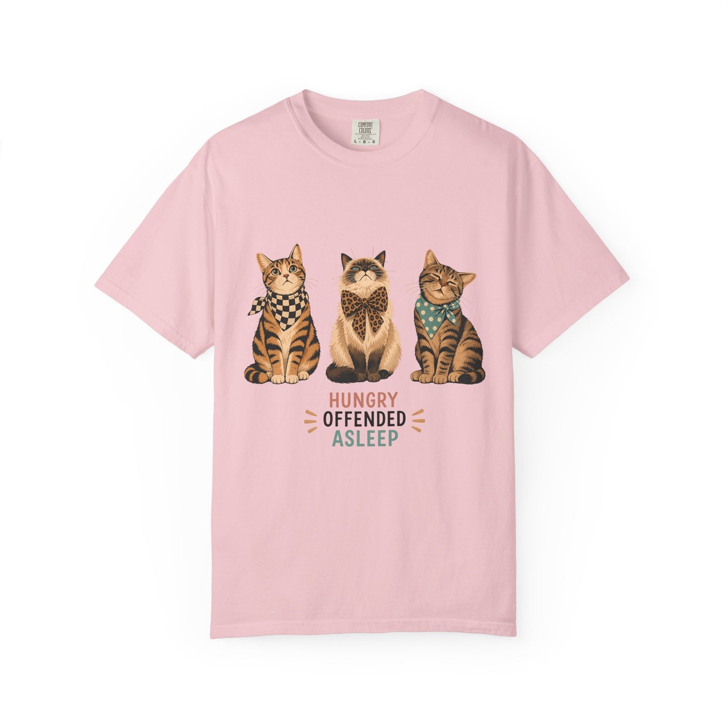 Cat Trio T-Shirt — 'Hungry Offended Asleep' Cute Retro Cat Graphic Tee