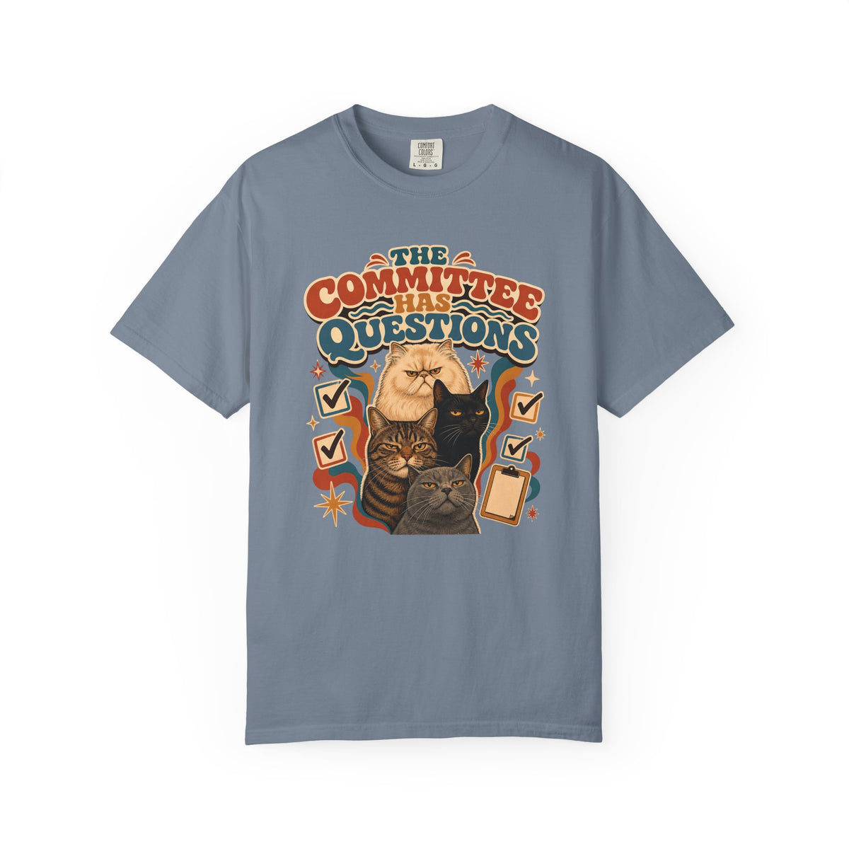 T-Shirt — "The Committee Has Questions" Retro Illustrative Cat Tee