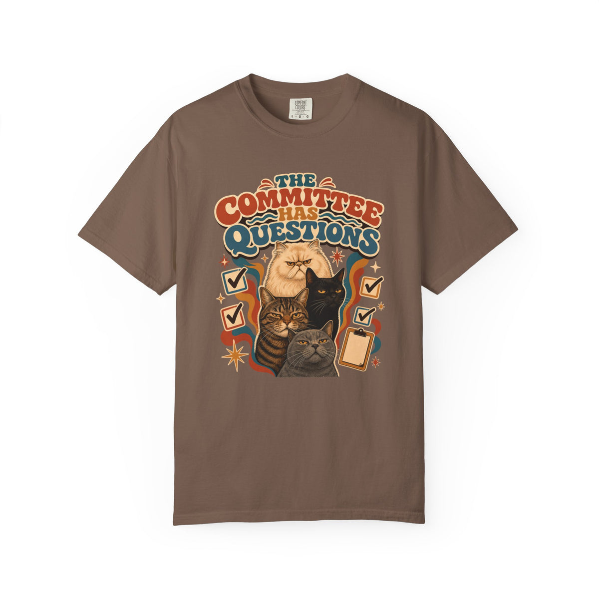 T-Shirt — "The Committee Has Questions" Retro Illustrative Cat Tee