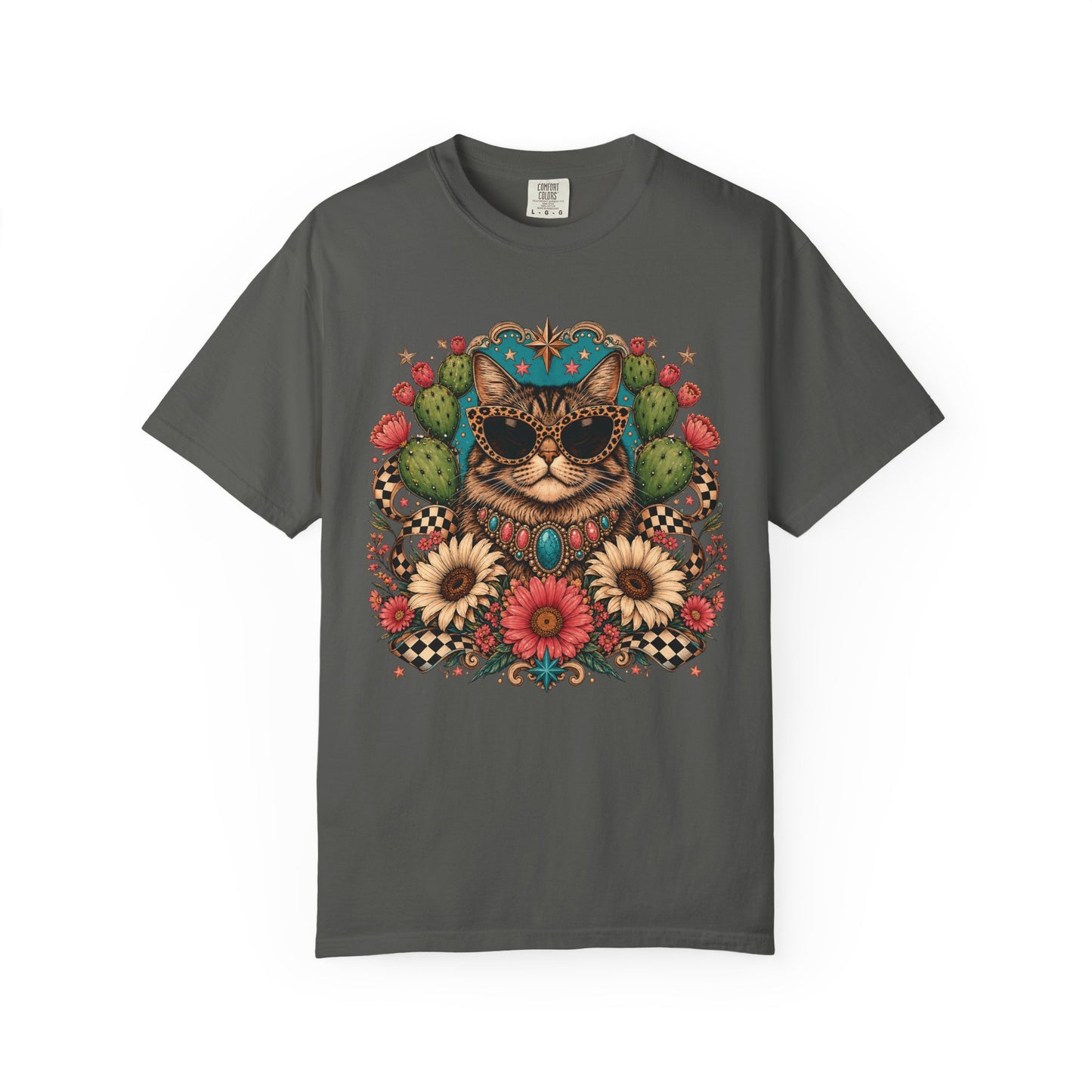 Cat with Sunglasses Floral T-Shirt — Retro Boho Kitty Graphic Tee