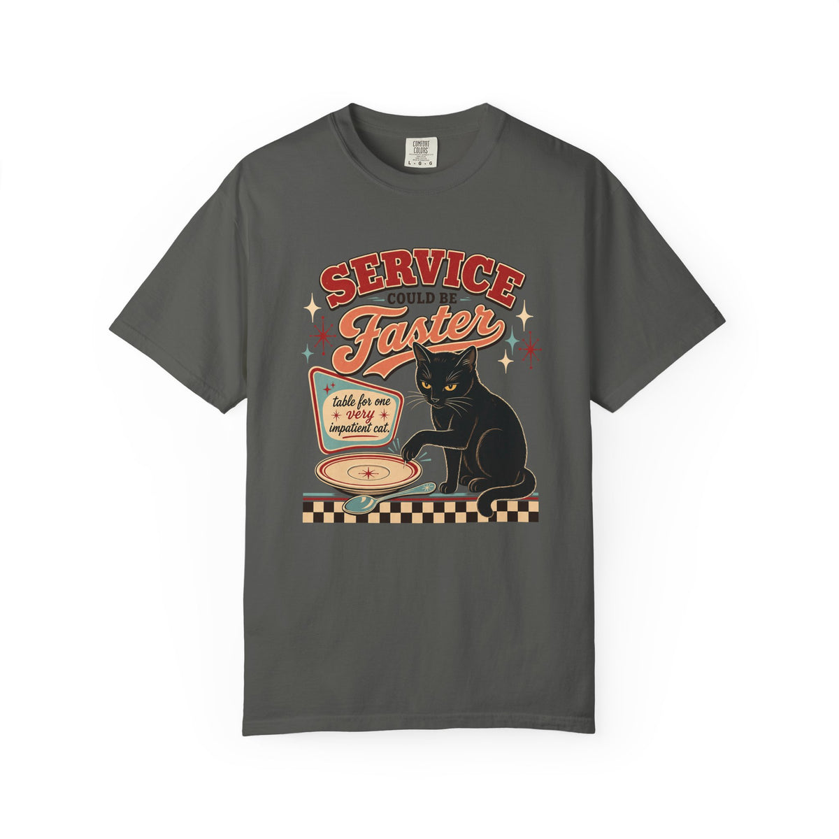 Cat Diner Tee — "Service Could Be Faster" Retro Black Cat T‑Shirt
