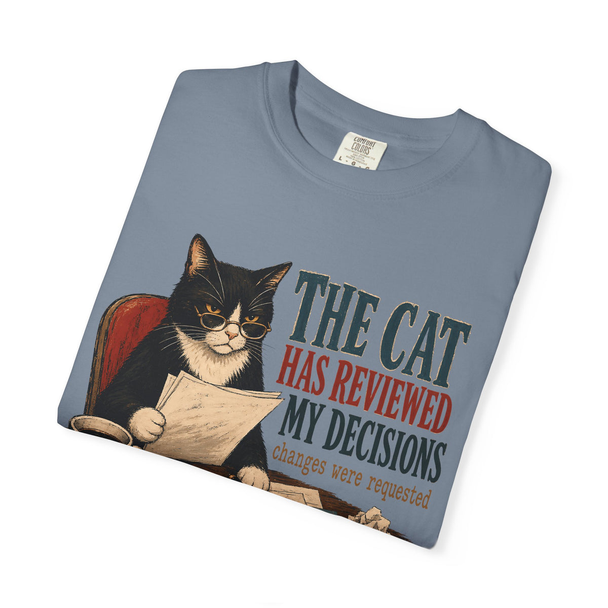 Cat Reviewer T-Shirt — "The Cat Has Reviewed My Decisions" Vintage Cat Office Tee