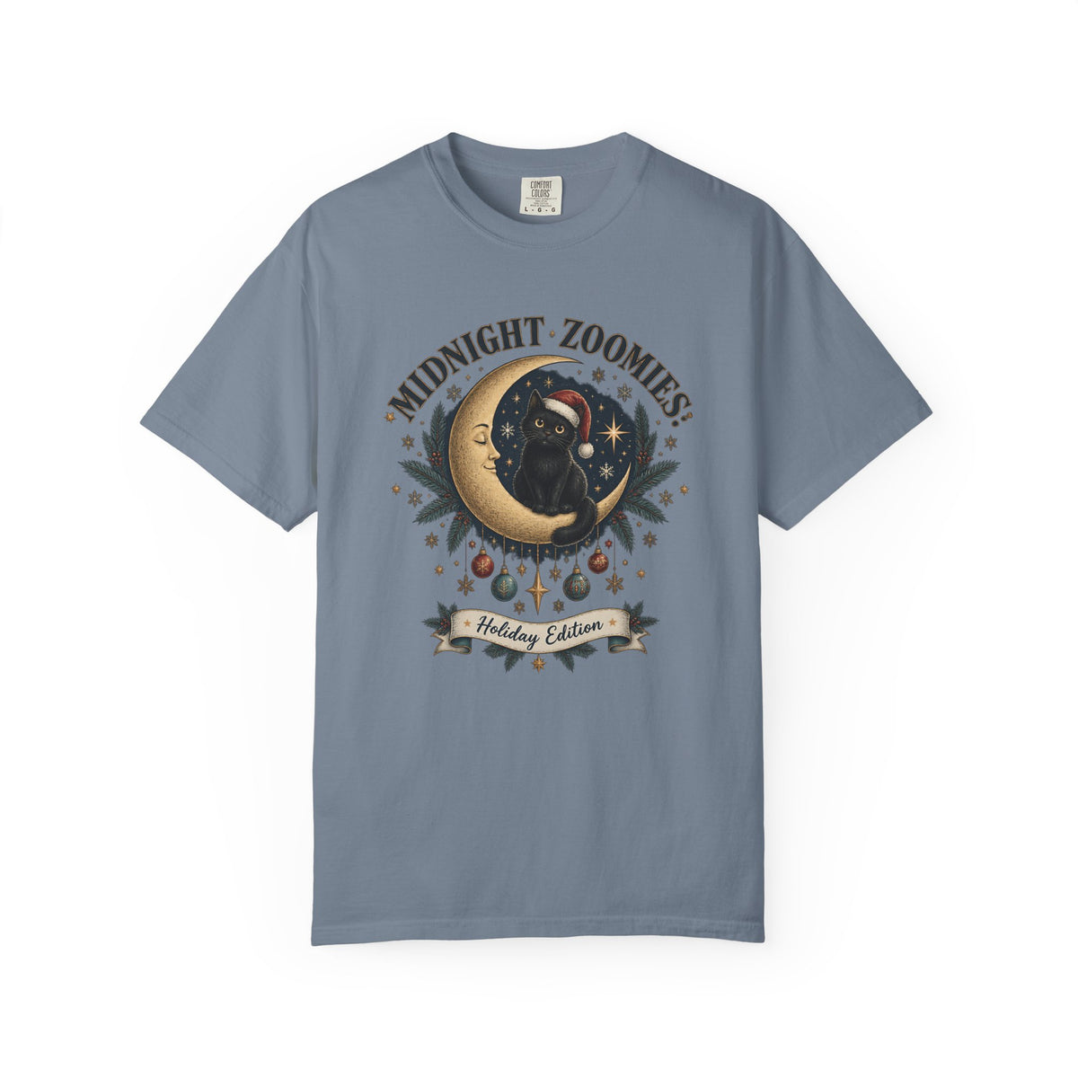 Midnight Zoomies Holiday Tee — Cute Black Cat on Crescent Moon Graphic T-Shirt