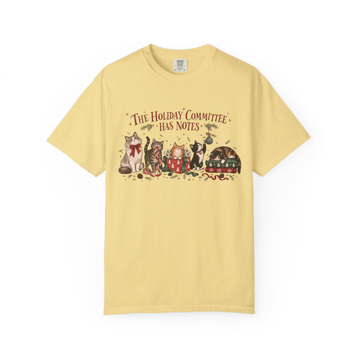 Holiday Committee Cats T-Shirt — "The Holiday Committee Has Notes" Cute Festive Cat Crew Tee