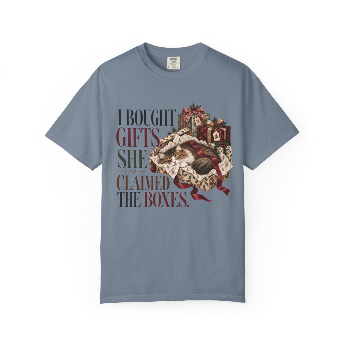 Holiday Cat T-Shirt — "I Bought Gifts, She Claimed the Boxes" Funny Christmas Tee