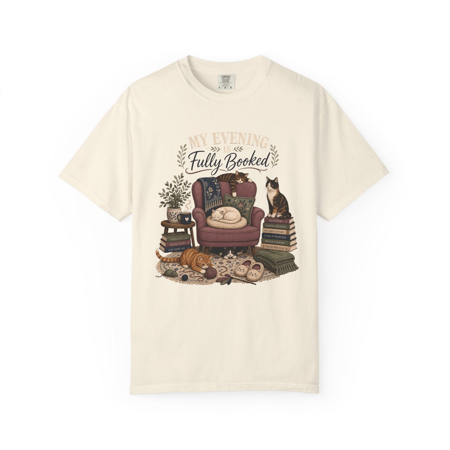 “My Evening Is Fully Booked” Cozy Reading Tee with Cats & Books