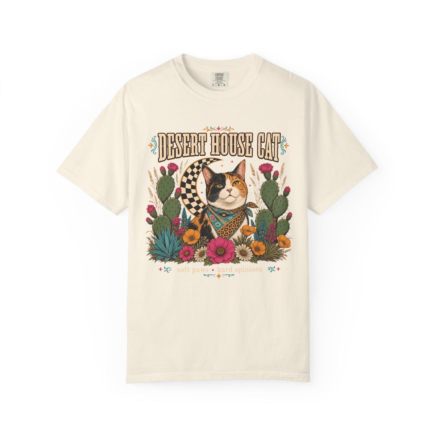 Desert House Cat T-Shirt — Vintage Calico Cat & Cactus Graphic
