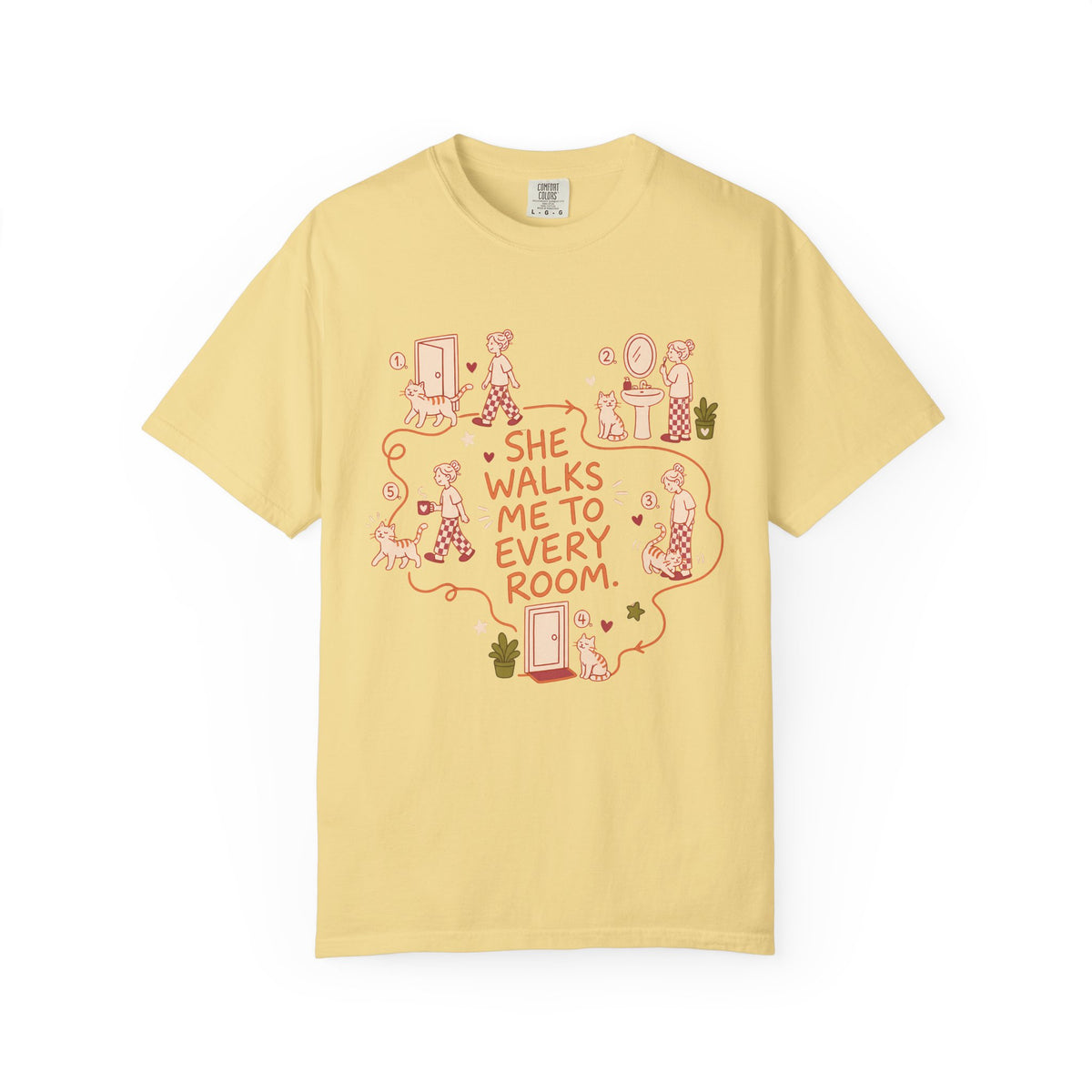 T-Shirt — "She Walks Me to Every Room" Vintage Cat Lover Tee
