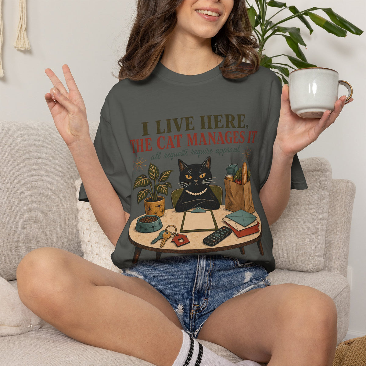 Cat Management T-Shirt — "I Live Here, The Cat Manages It"