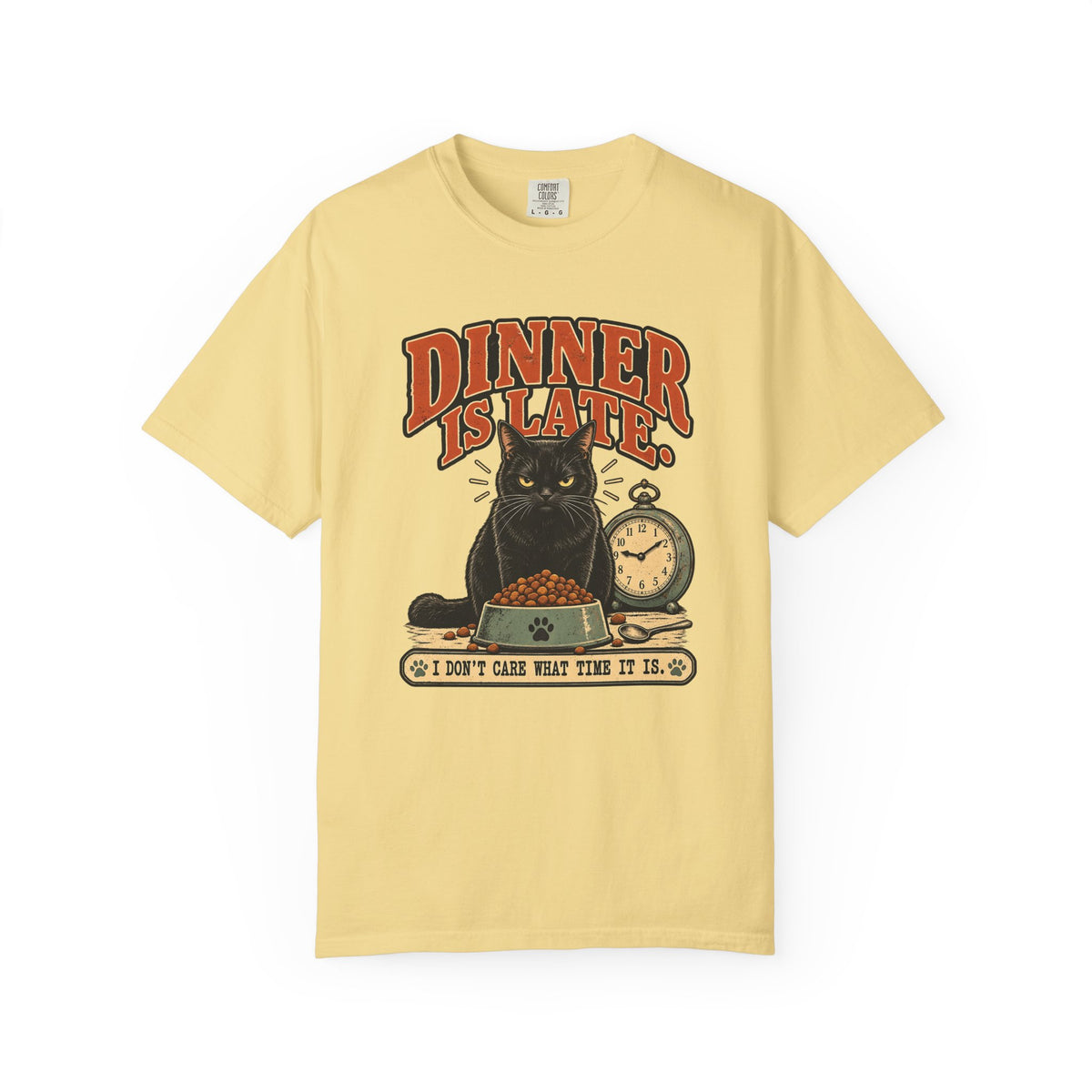Dinner Is Late Cat T-Shirt — Vintage Cat & Clock Graphic Tee