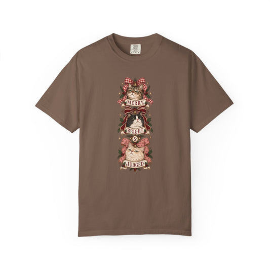 Christmas Cat T-Shirt — "Merry, Bright & Judged" Vintage Holiday Tee