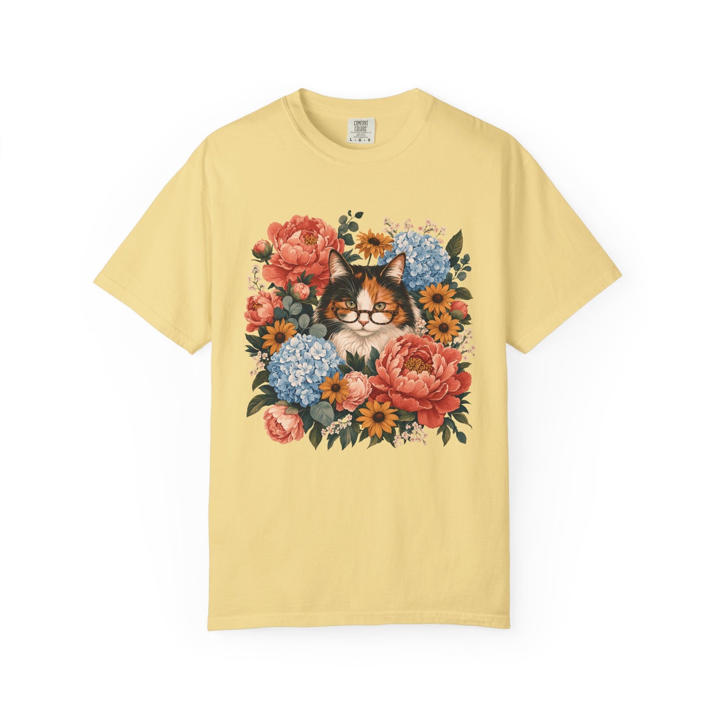 Floral Cat Tee — Vintage Cat in Glasses with Peonies & Hydrangeas
