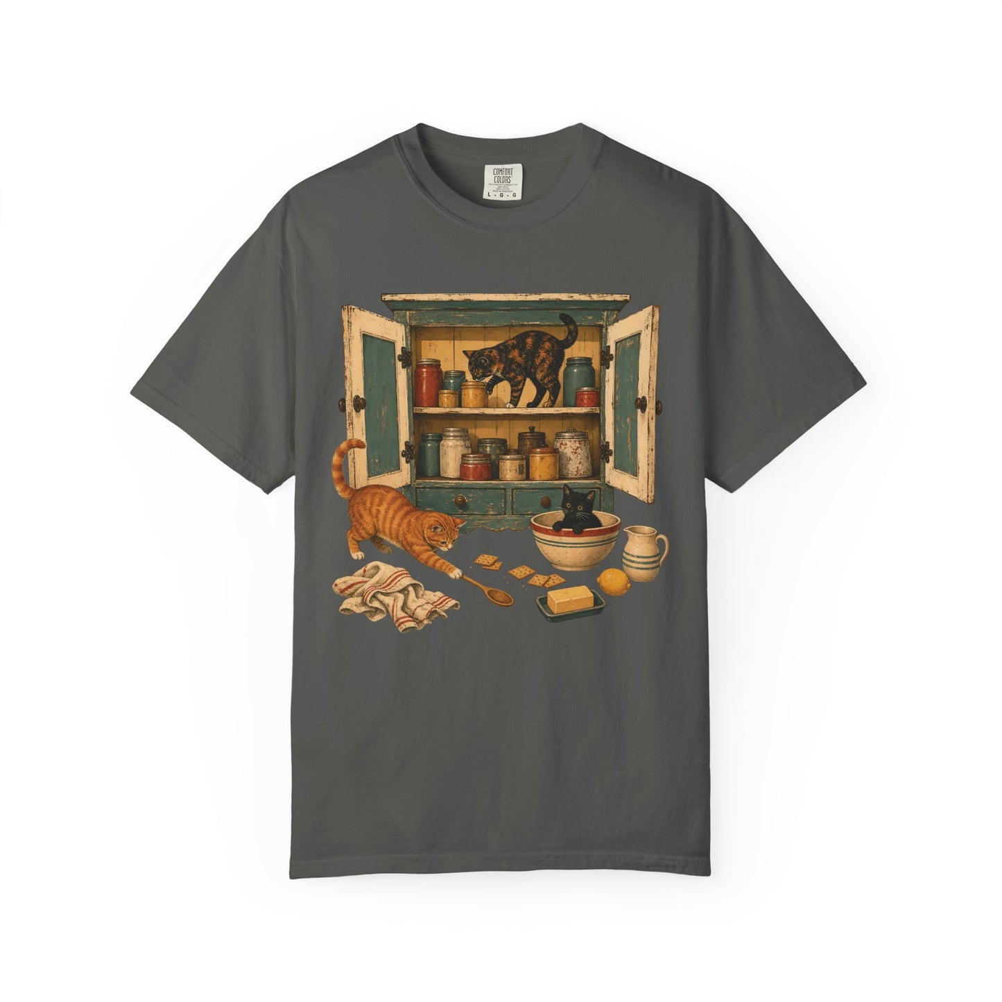 Cabinet Kitchen Cats T-Shirt — Vintage Pantry Illustration Tee