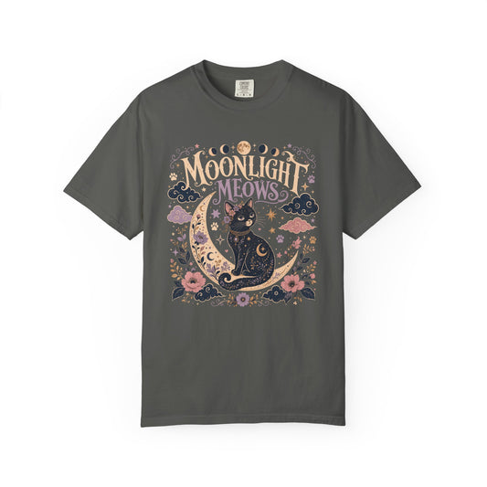 Moonlight Meows T-Shirt — Vintage Black Cat Crescent Moon Tee