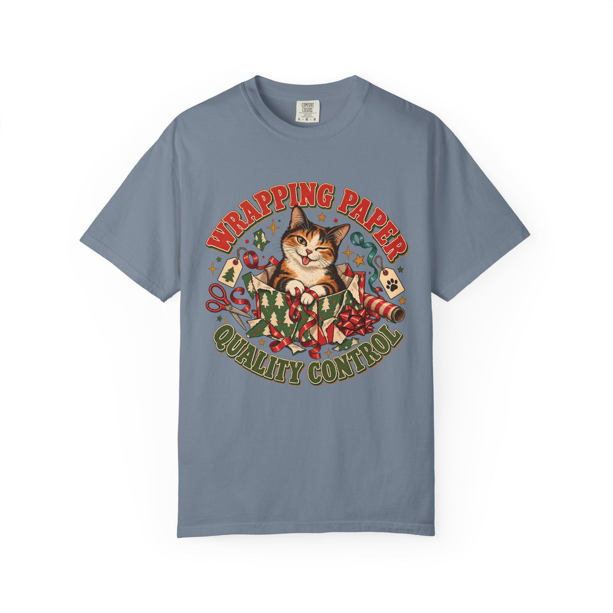 Wrapping Paper Quality Control T-Shirt — Cute Cat Holiday Gift Tee