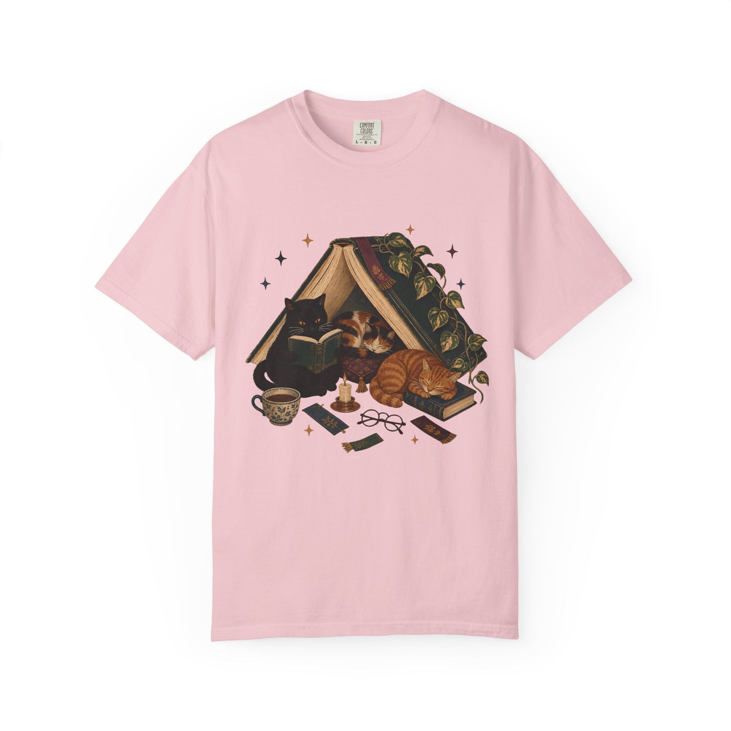 Bookish Cats T-Shirt — Cozy Reading Graphic Tee with Cats, Books & Tea