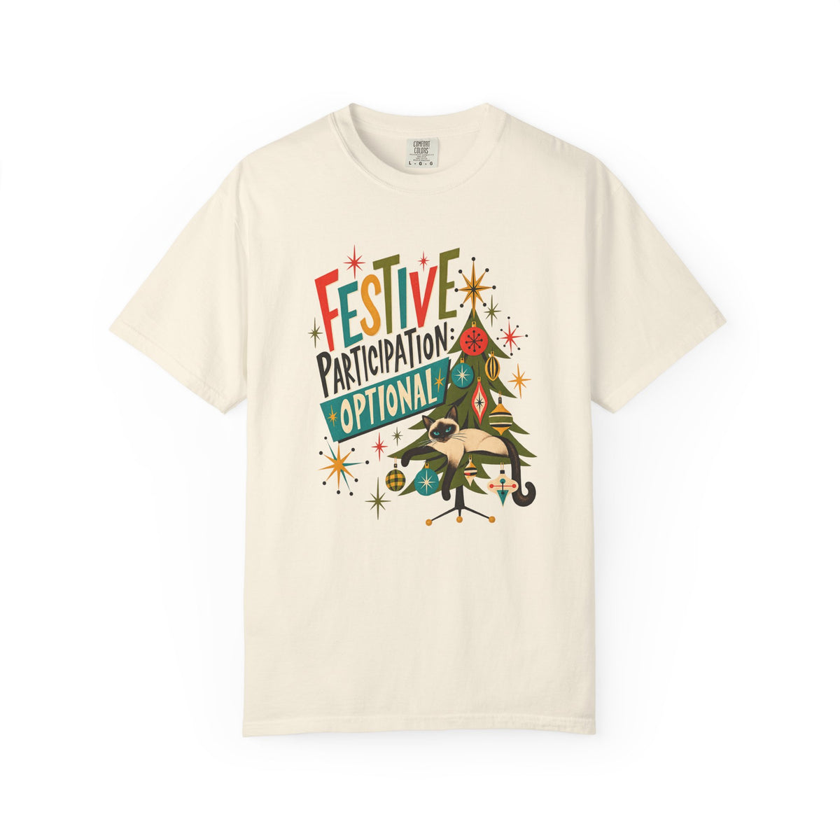 Festive Participation Optional Cat T-Shirt — Retro Christmas Tree Holiday Tee