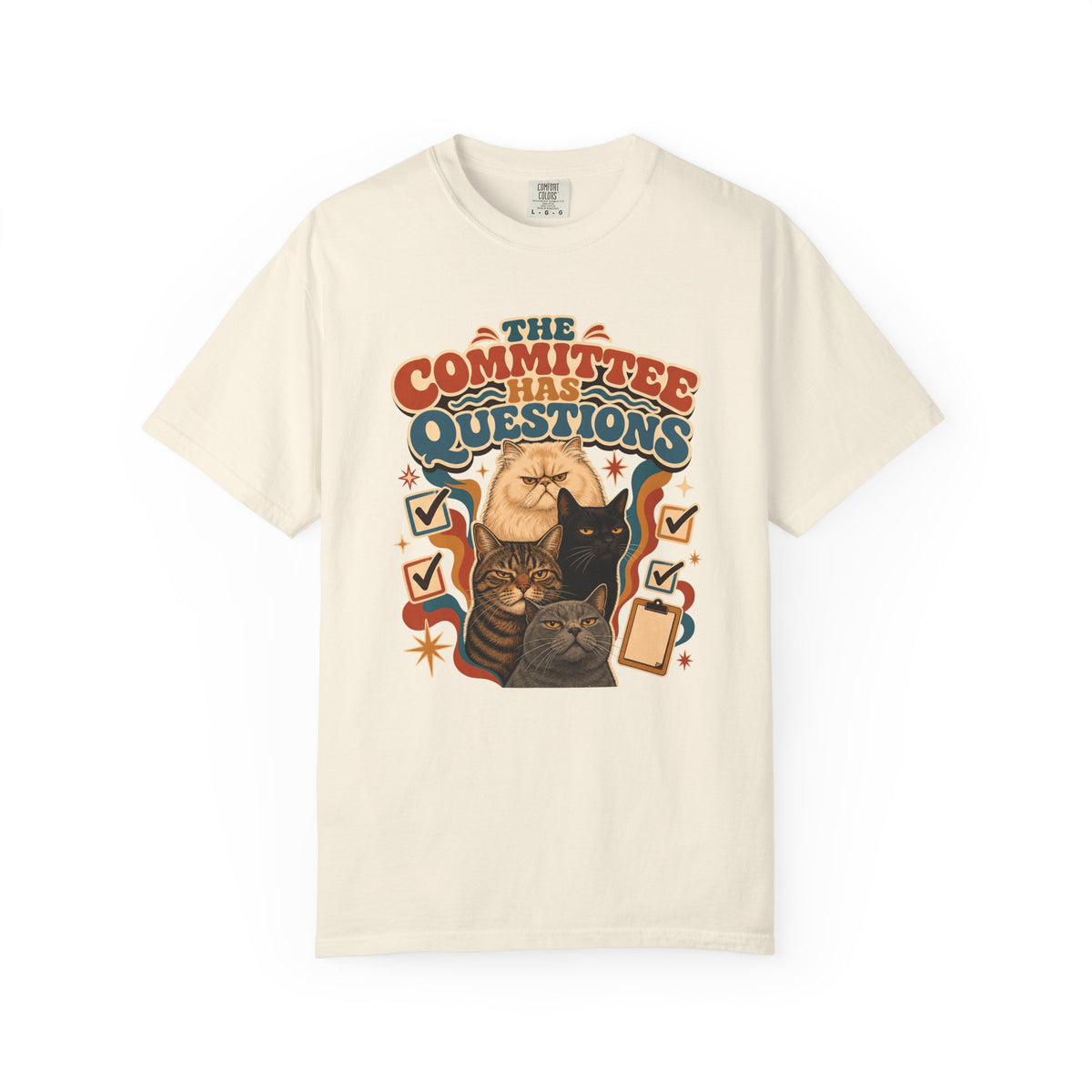 T-Shirt — "The Committee Has Questions" Retro Illustrative Cat Tee