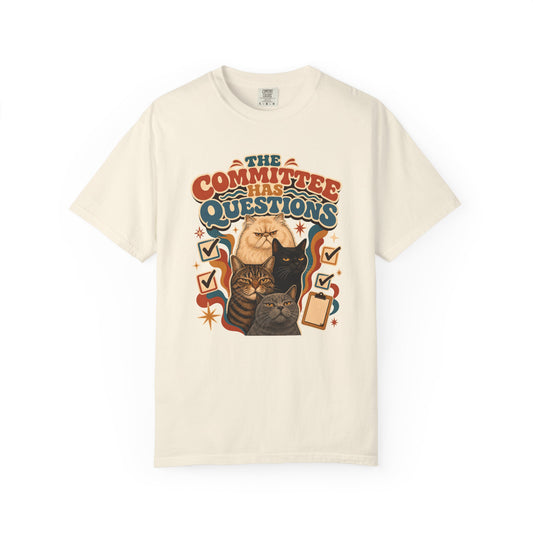 T-Shirt — "The Committee Has Questions" Retro Illustrative Cat Tee