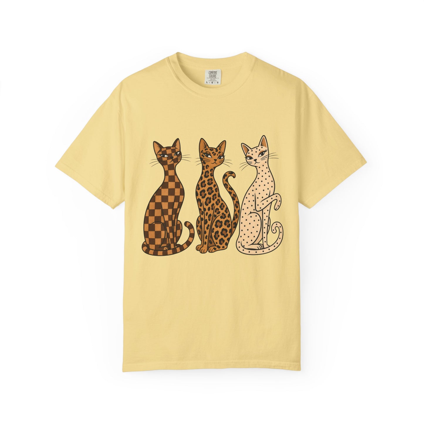 Vintage Cat Trio T-Shirt — Patterned Leopard, Check & Spotted Feline Graphic Tee