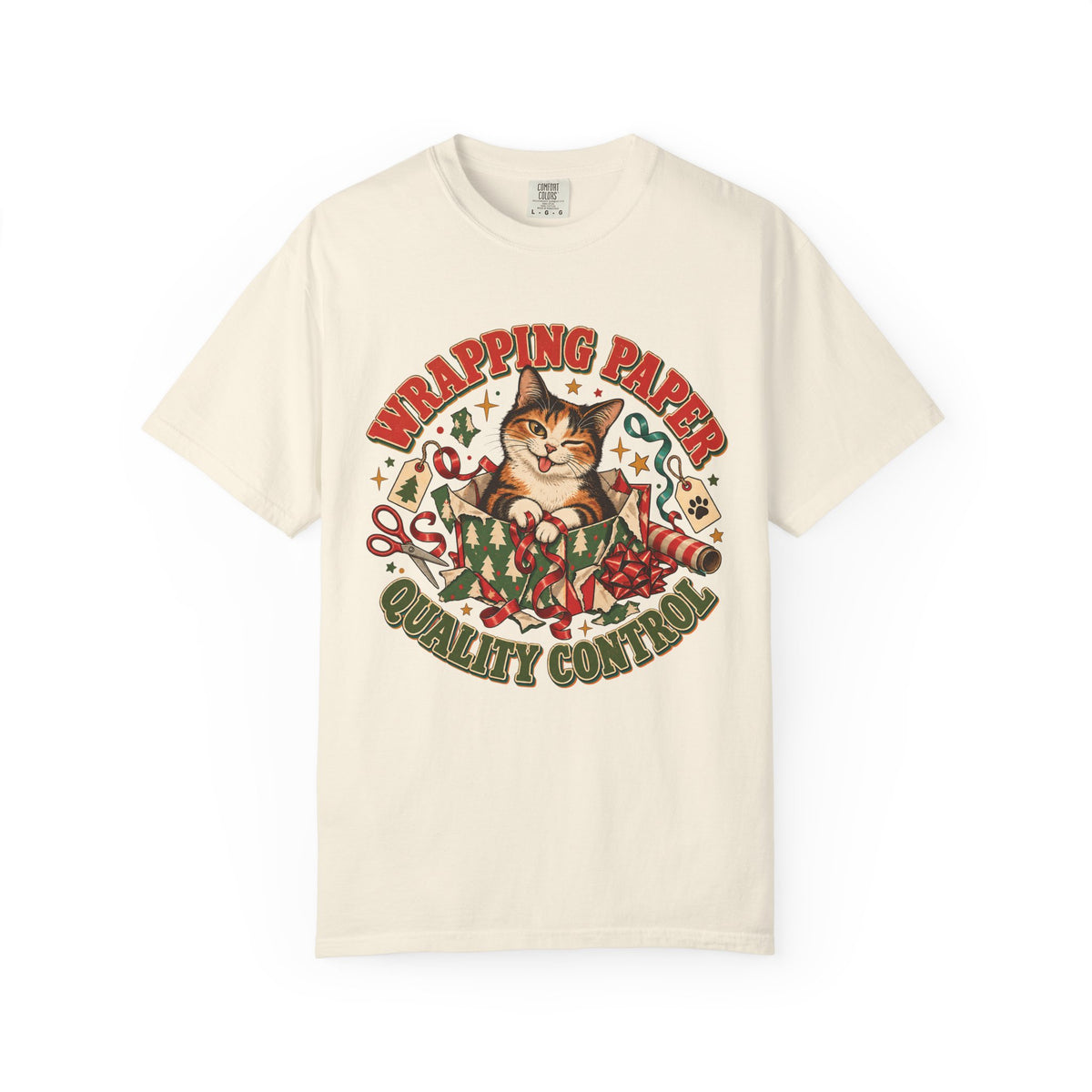 Wrapping Paper Quality Control T-Shirt — Cute Cat Holiday Gift Tee