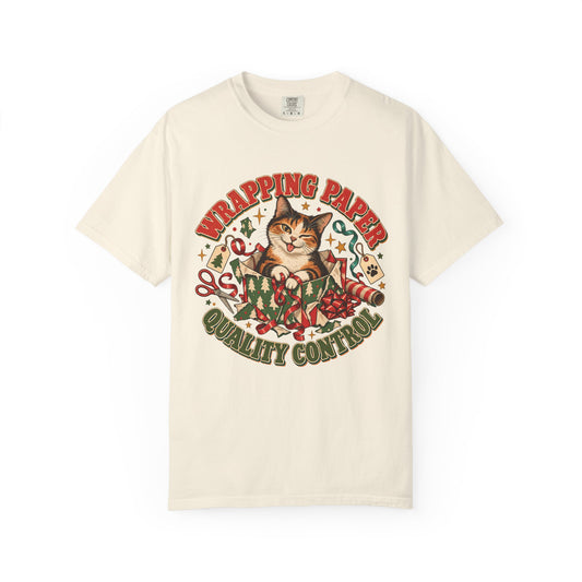 Wrapping Paper Quality Control T-Shirt — Cute Cat Holiday Gift Tee