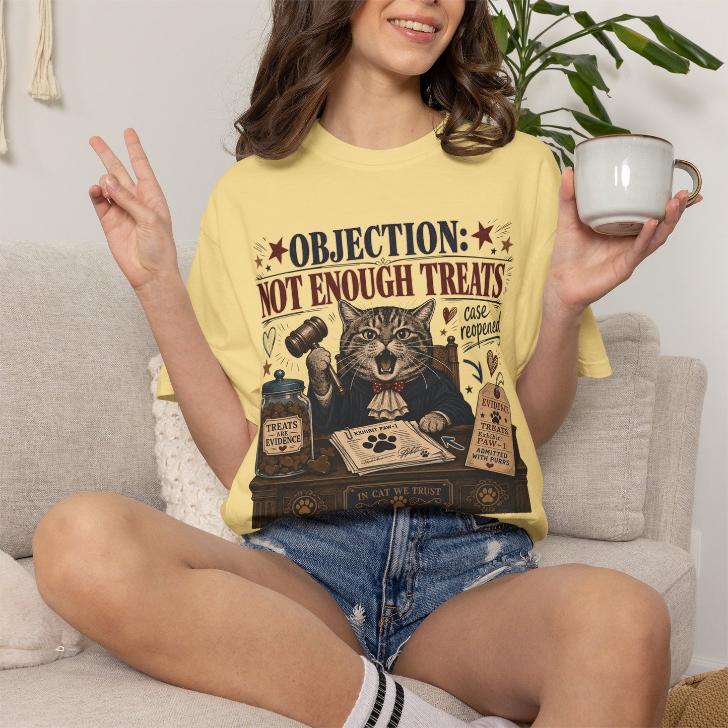 Cat Judge T‑Shirt — “Objection: Not Enough Treats” Novelty Lawyer Cat Tee