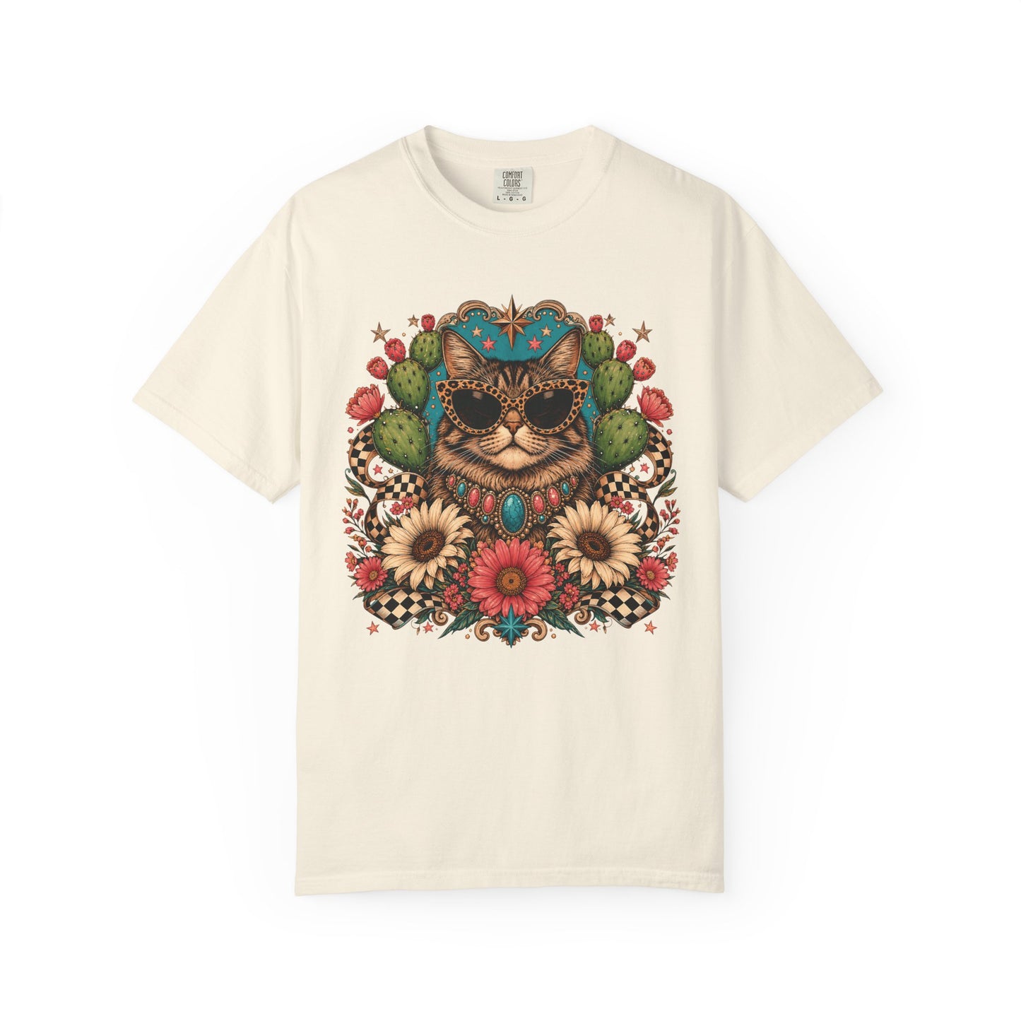 Cat with Sunglasses Floral T-Shirt — Retro Boho Kitty Graphic Tee