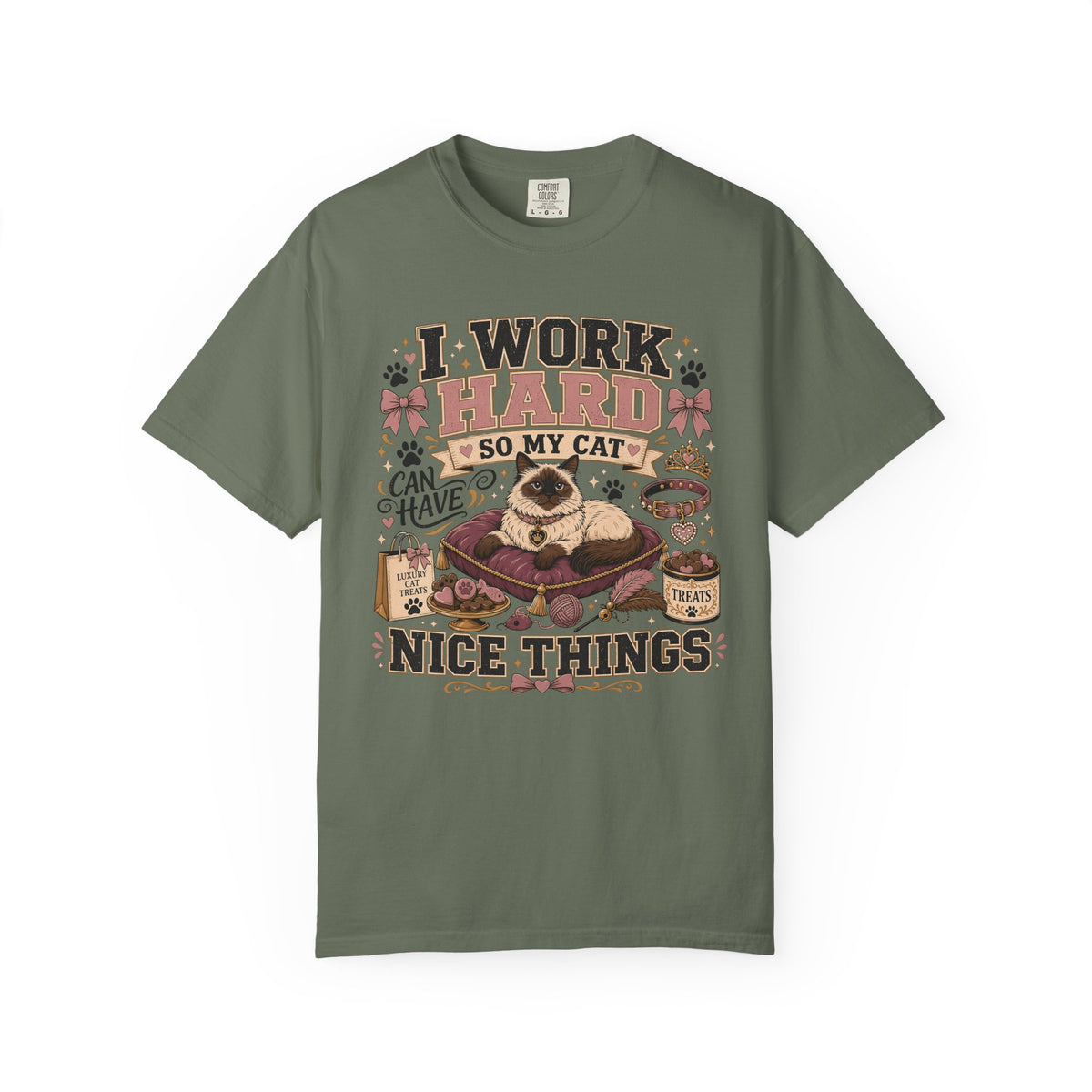 Cat Lover T-Shirt — "I Work Hard So My Cat Can Have Nice Things" Vintage Graphic