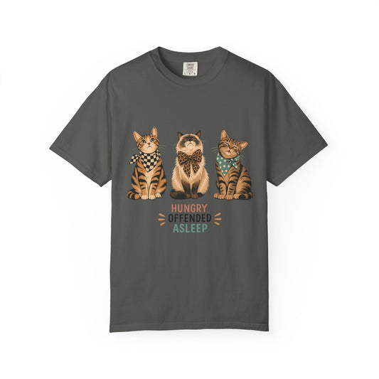 Cat Trio T-Shirt — 'Hungry Offended Asleep' Cute Retro Cat Graphic Tee