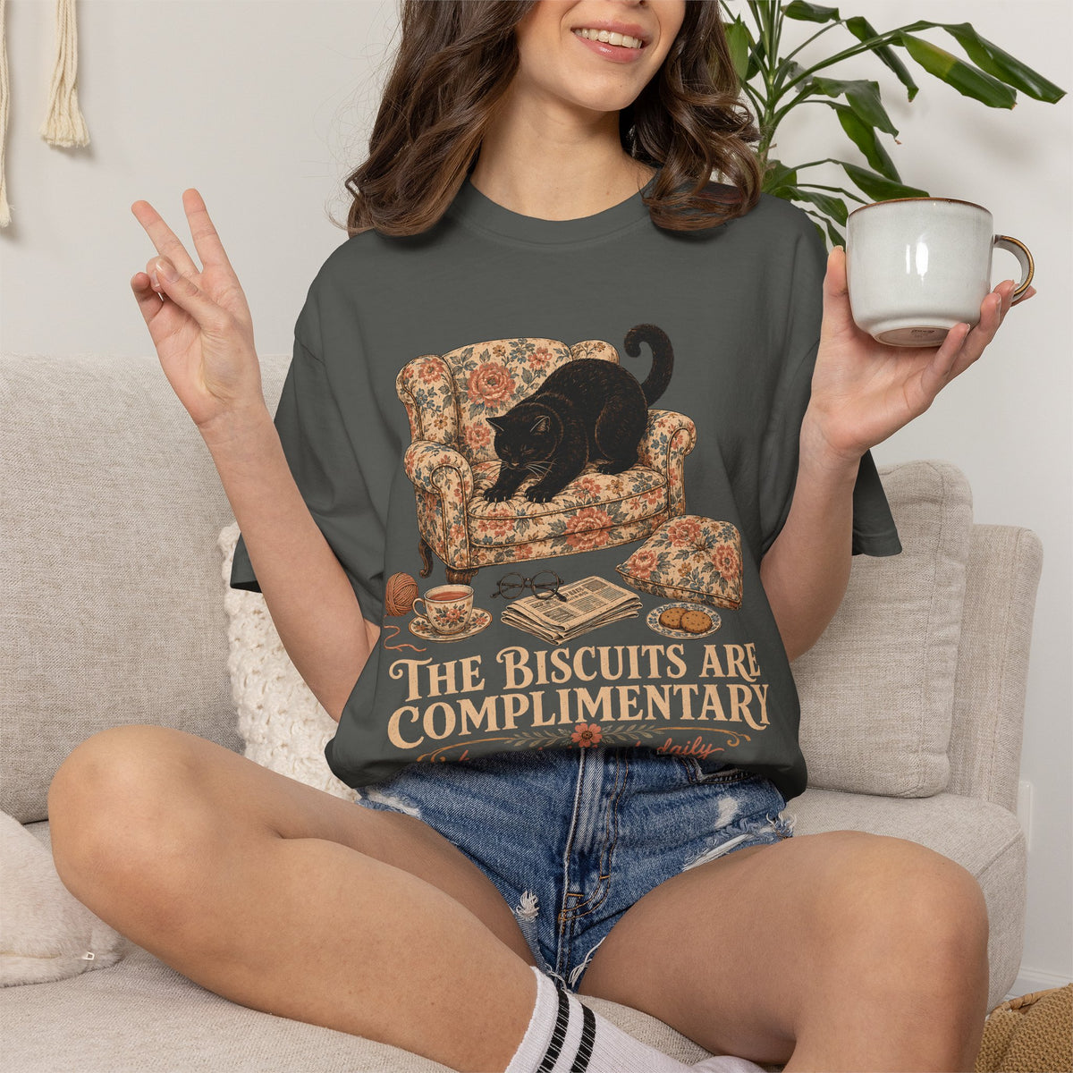 “The Biscuits Are Complimentary” Cat T‑Shirt — Vintage Cozy Graphic Tee