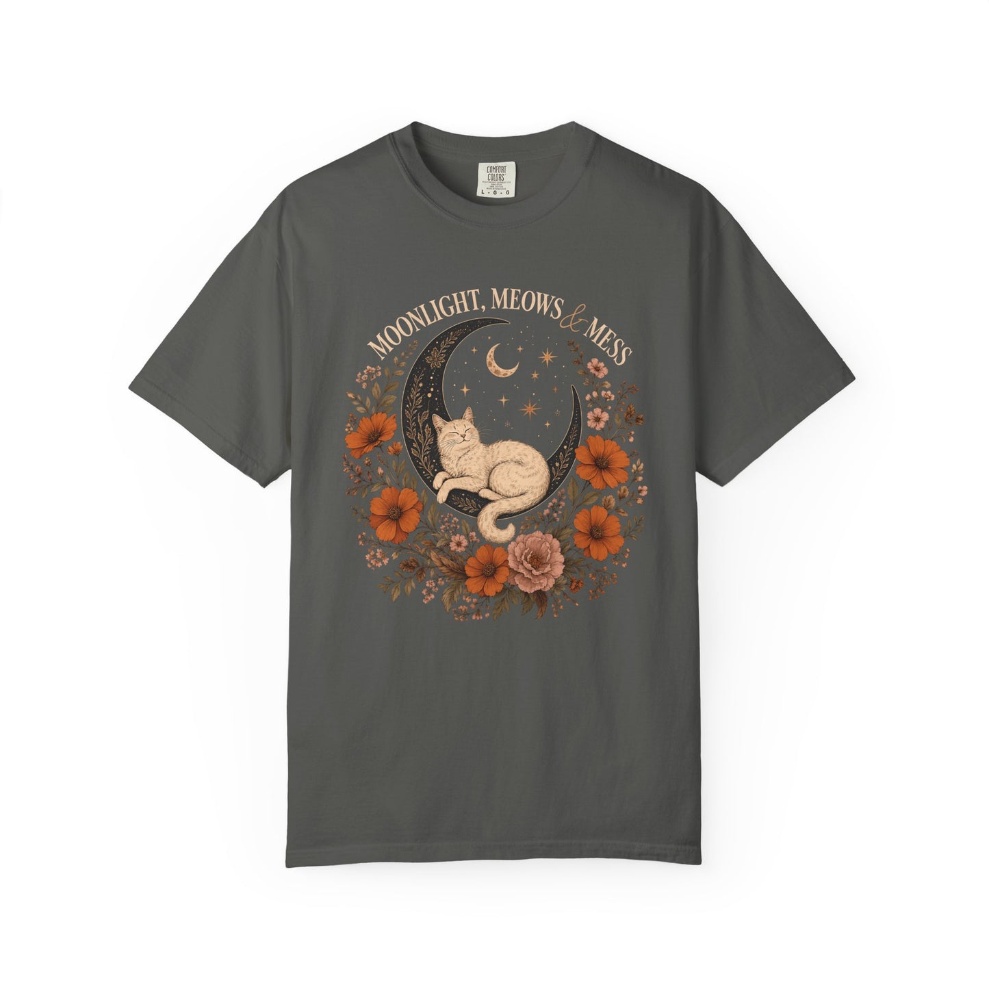 Moonlight Meow Cat T-Shirt — Floral Crescent Moon Graphic Tee