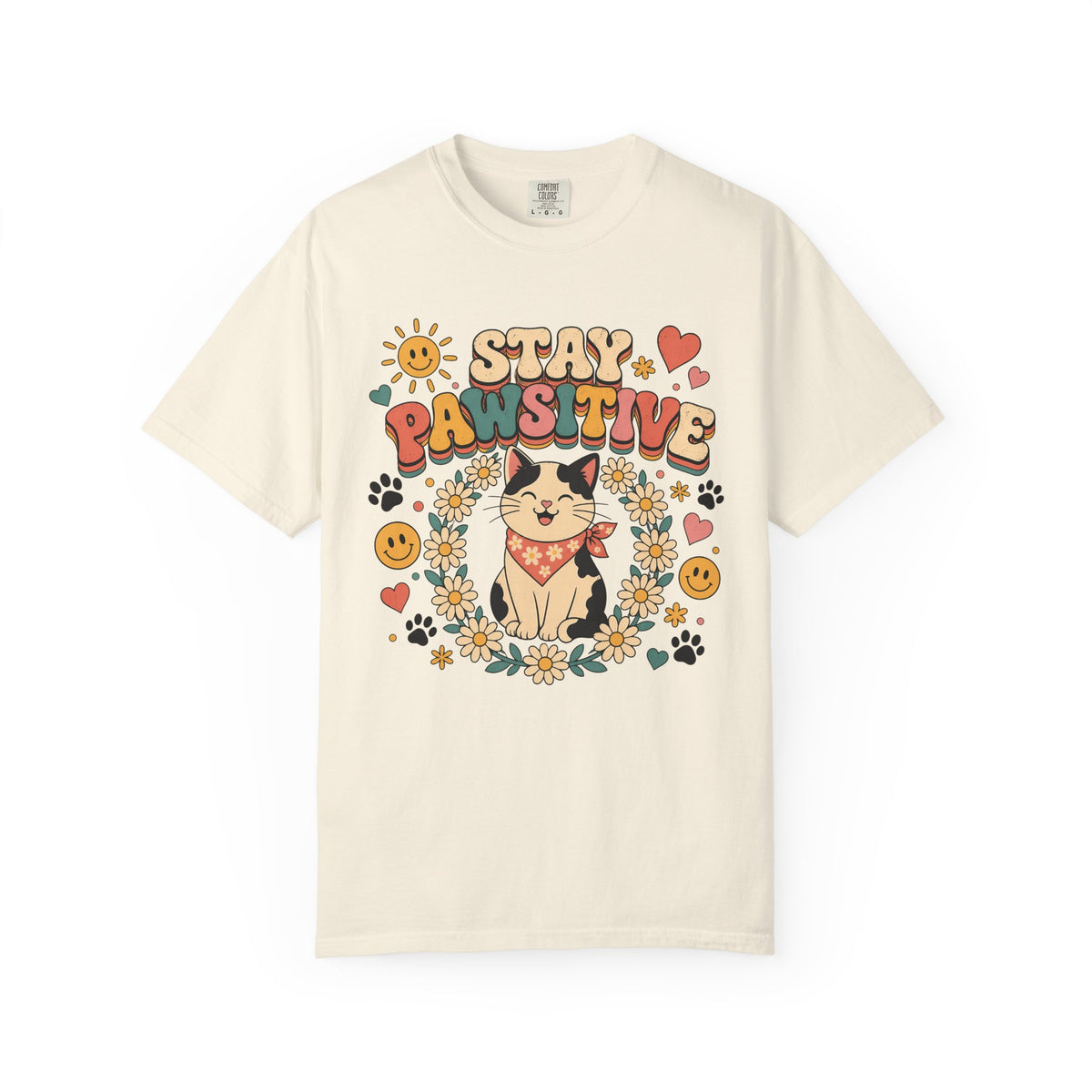 Stay Pawsitive Cat T-Shirt — Retro Floral Cute Kitten Tee