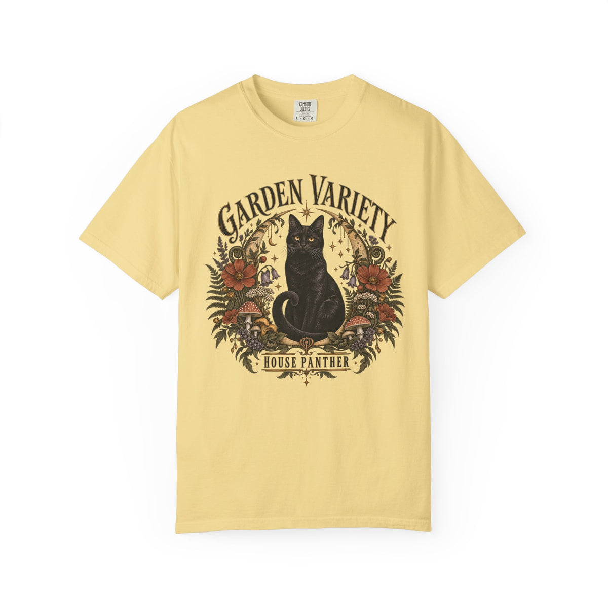 Garden Variety Black Cat T-Shirt — “House Panther” Vintage Floral Tee